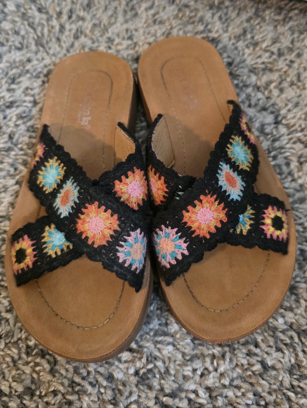 Embroidered Cross-Strap Crochet Sandals - Black with Multicolor Accents, Size 13